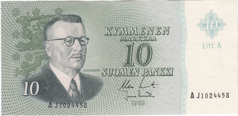 10 Markkaa 1963 Litt.A AJ1024458 kl.9